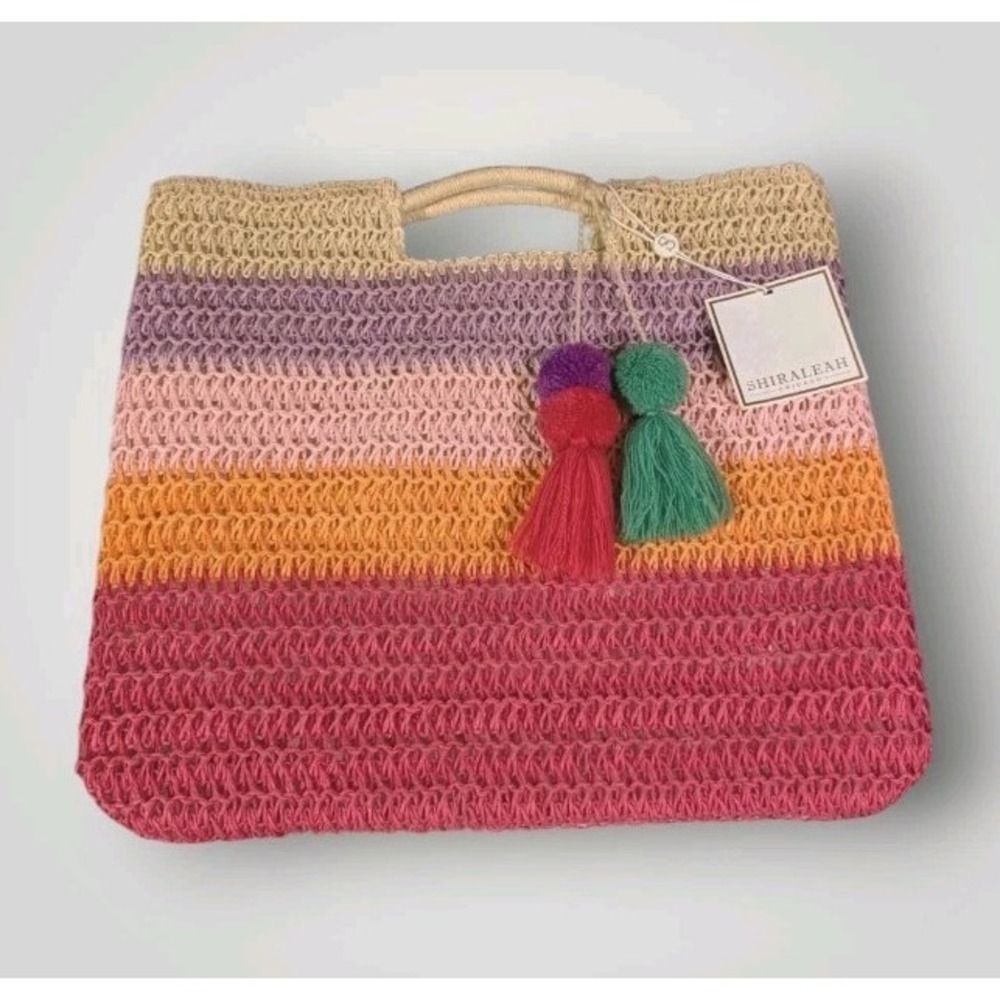 NWT Shiraleah Straw Bag Tote Rainbow Sunset Tassels Latoya Chicago Paper Purse